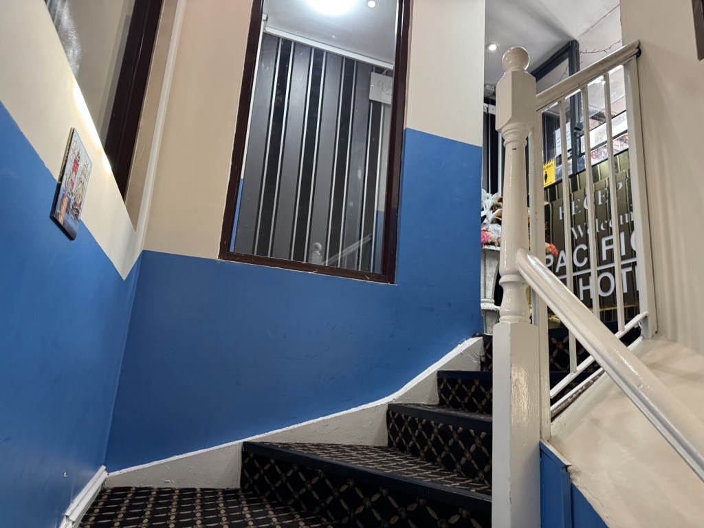 Interior view of a staircase with blue walls and a patterned carpet, leading to a landing with a window and decorative items.